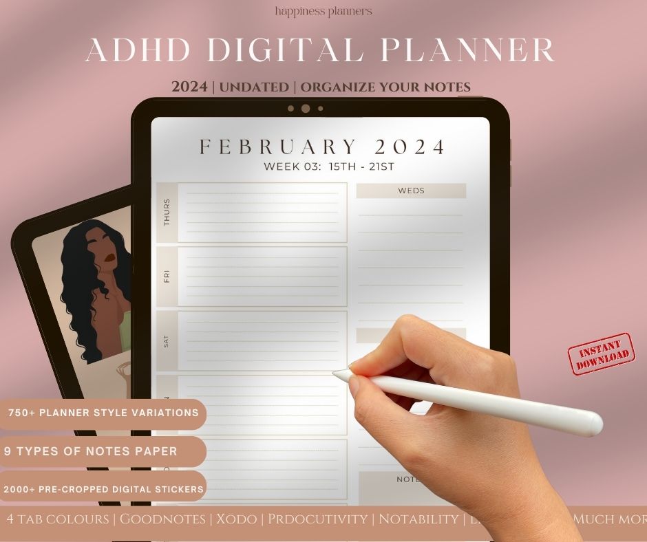 ADHD 2024 Digital Planner, Undated Digital Planner Stickers